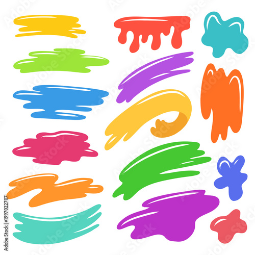 Vector set of colorful cartoon paint strokes isolated on the background. Collection of colorful brush smudges