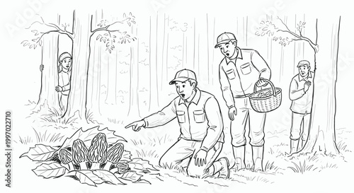 Men discover morel mushrooms in forest while children hide behind trees
