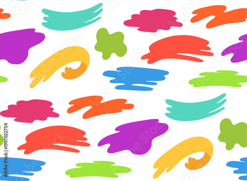 Vector seamless pattern with colorful cartoon paint strokes on white background. Childish texture with colorful brush smudges