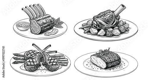 Four different gourmet meat dishes presented on white plates with artistic flair