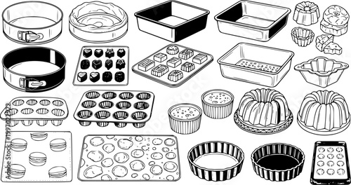 Collection of baking molds and pans for cakes, chocolates, and desserts
