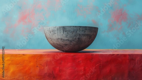 Minimal Concrete Bowl on Colorful Podium With Blue Background