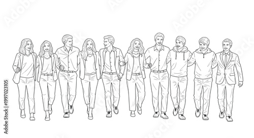 Diverse group of friends walking together arm in arm, smiling and happy