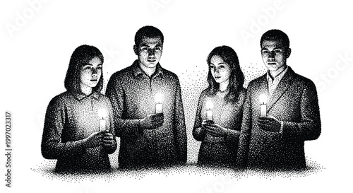 Group of young people holding candles in the dark, conveying hope and unity