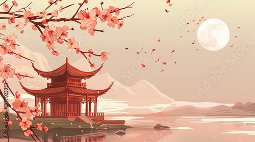 Traditional Chinese Art Illustration with Mountains, Pavilion, and Moon
