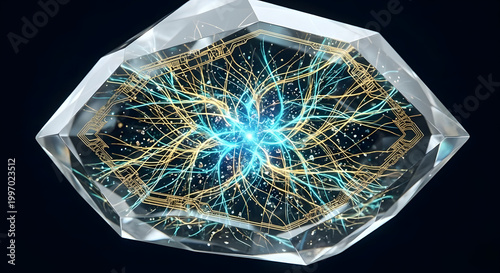 Abstract crystal with electric blue energy patterns inside  