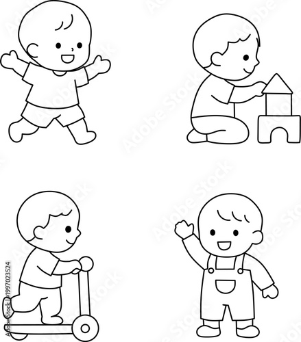 Toddler activities collection. Minimalist line art character set for childhood development