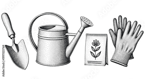 Gardening tools and supplies for planting seeds and flowers in the garden