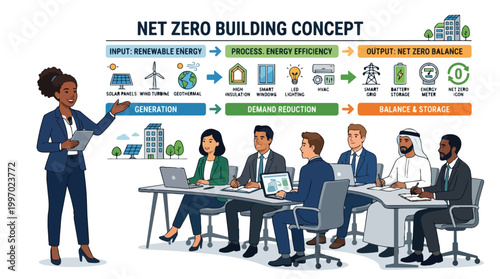 Net Zero Building Concept Illustration Renewable Energy Efficiency Sustainable Architecture Workers Meeting