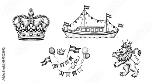 Collection of royal and celebratory symbols including a crown, lion, and boat