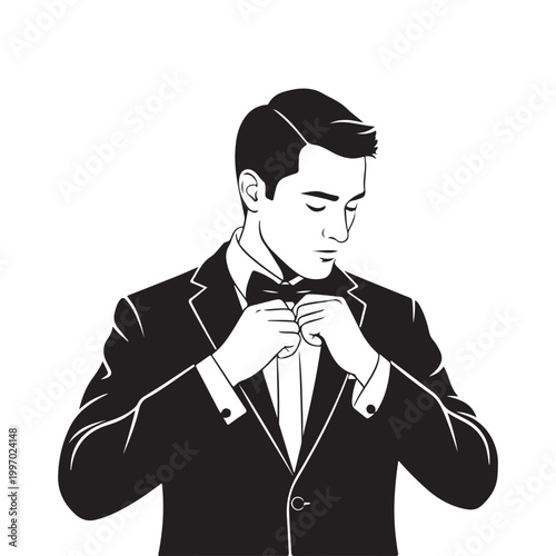 Man in tuxedo adjusting bow tie isolated on white background