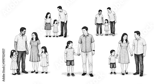 Diverse families depicted in a stippling art style, showcasing unity and connection