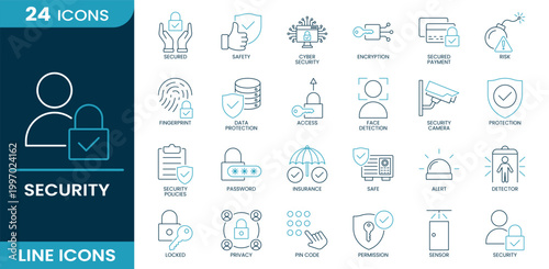 Security icon set. Cyber security, encryption, data protection, authentication, biometric, fingerprint, password, access control, privacy. Line vector icons.