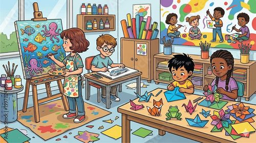 happy children participating in art and craft class featuring painting and origami paper folding