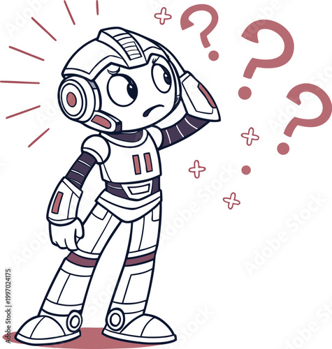 Confused robot character, puzzled cartoon illustration, question marks, thinking face, futuristic design