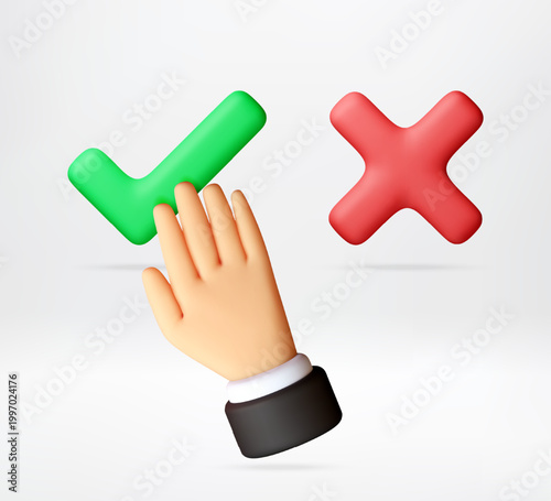 3D Hand pushing green check mark and red cross sign. Decision making. Choosing between correct and incorrect option. Business feedback and survey concept. Vector illustration