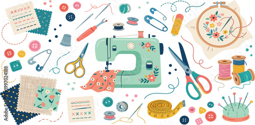 Charming handicraft sewing set featuring mint green machine, floral embroidery hoop, colorful threads, fabric scraps, scissors, buttons, and dressmaking tools vector.