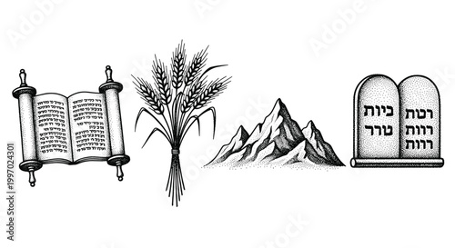 Ancient Jewish symbols: Torah scroll, wheat, mountains, and Ten Commandments tablets