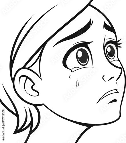 Sad girl face, crying woman portrait, emotional illustration, black and white vector