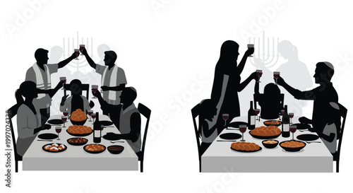 Silhouettes of families celebrating a Jewish holiday meal with wine and challah bread