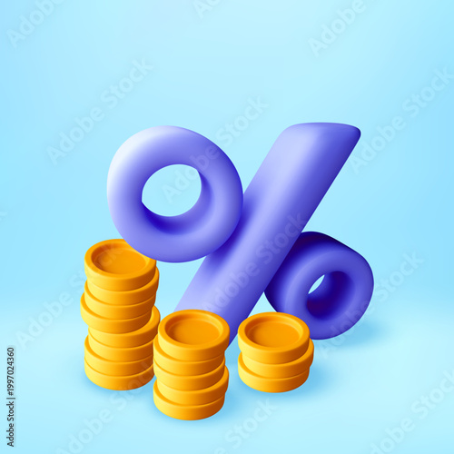 3D Percentage symbol with gold coin stacks. Financial savings and investment growth concept. Icon for banking or discount offer and interest rate calculation in economy. Vector illustration
