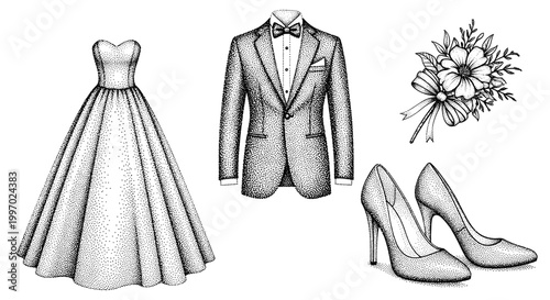 Wedding attire and accessories for bride and groom, illustrated in stippling technique