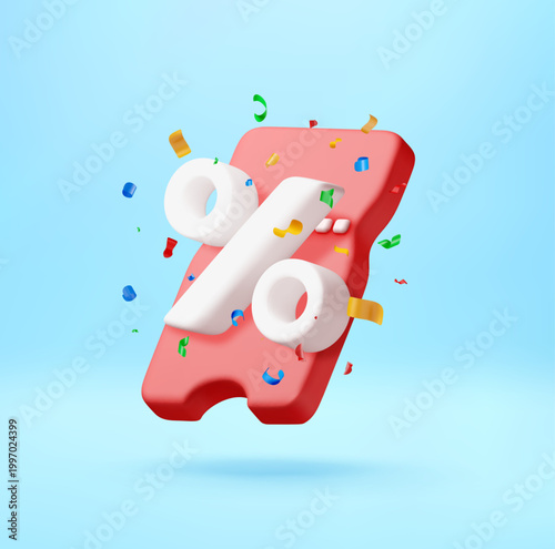3D percentage sign on a red shopping tag. Celebration with colorful falling confetti. Concept of sale, discount, special offer and marketing shopping promotion event. Vector illustration
