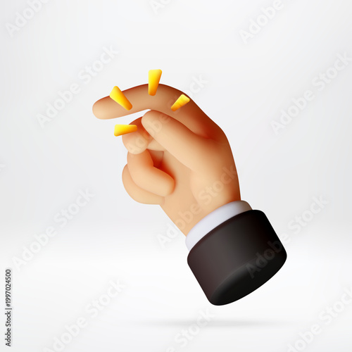 3D Hand making finger snap gesture. Cartoon human hand snapping fingers to indicate ease success or magic moment. Business concept and quick solution design. Vector illustration