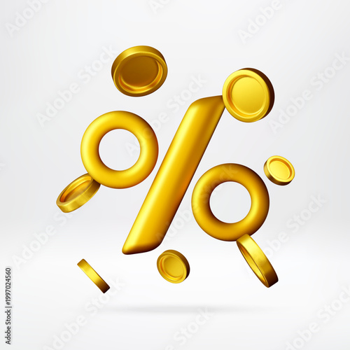 3D Golden percentage symbol floating with gold coins around. Interest rate, discount, sale, profit, investment growth and banking marketing concept. Vector illustration