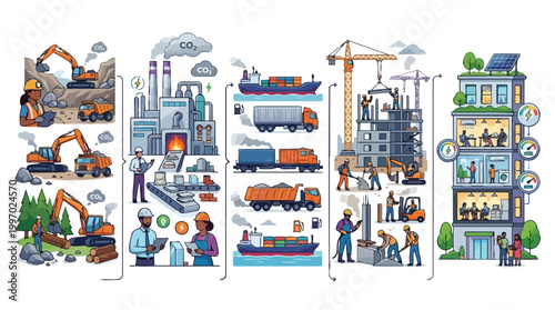 Construction Industry Lifecycle Vector Illustration Sustainable Building Process From Resource Extraction to Modern Office