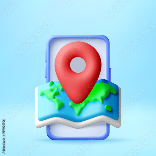 3D Red location pin on world map integrated with smartphone. Digital navigation and gps tracking service. Innovative mobile technology application for travel and routing. Vector illustration