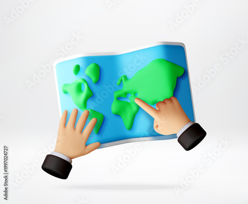 Cartoon hand pointing at destination on 3D world map. Traveler planning global trip or business route. Geography navigation and tourism concept. Digital illustration for voyage. Vector illustration