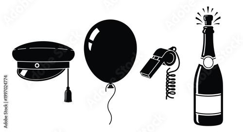 Graduation celebration symbols: cap, balloon, whistle, and champagne bottle
