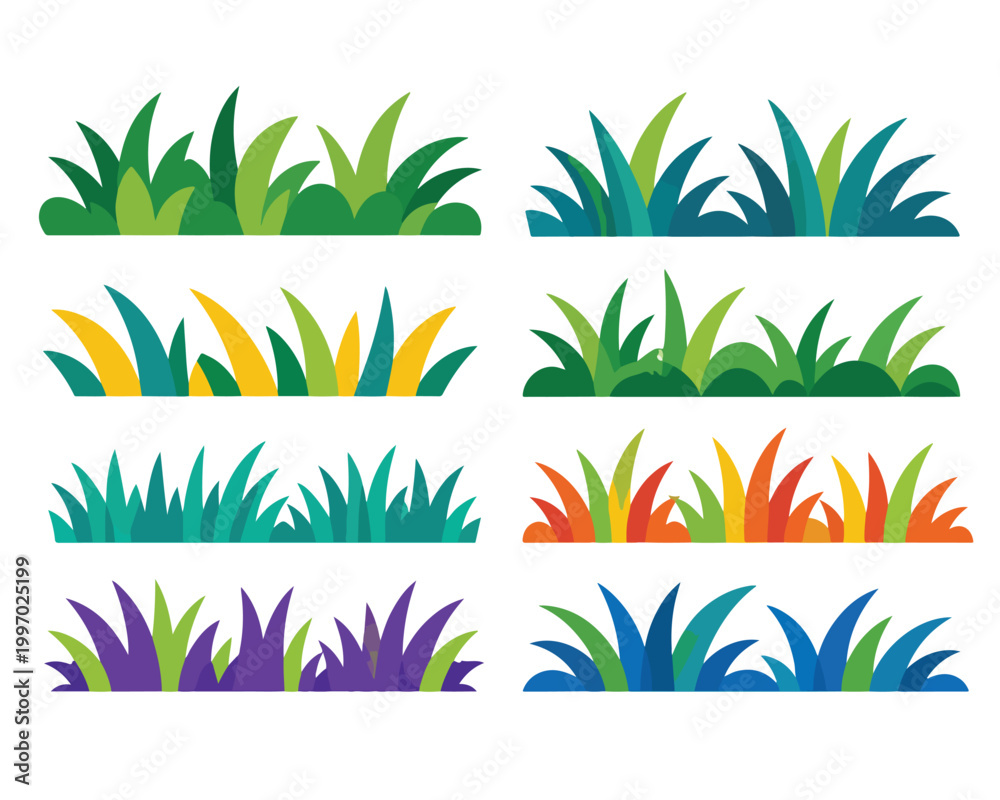 Fototapeta premium Decorative Grass and Leaf Elements Set, Green Nature Plants Collection Flat Vector Illustration