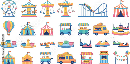 Comprehensive amusement park vector icon set featuring a ferris wheel, carousel, rollercoaster, swing ride, bumper cars, carnival tents, food trucks, and ticket booths for summer festivals.