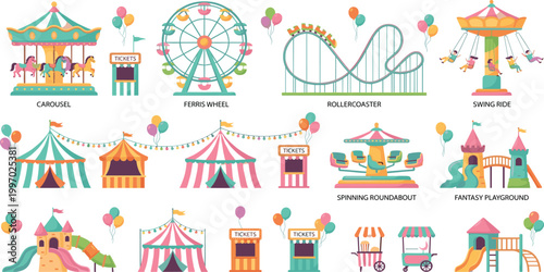 Comprehensive amusement park vector icon set featuring a carousel, ferris wheel, rollercoaster, swing ride, carnival tents, ticket booths, and fantasy playground equipment.