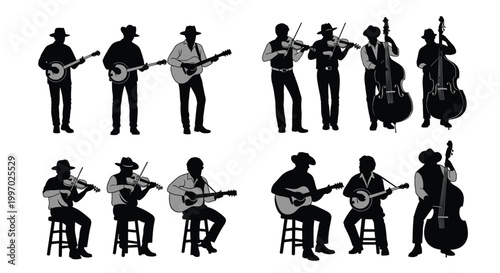 Silhouettes of musicians playing various string instruments in a band setting
