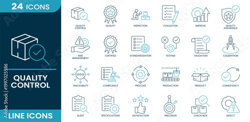 Quality control icon set. Validation, inspection, testing, compliance, audit, certification, process control, production quality, quality assurance. Line vector icons.