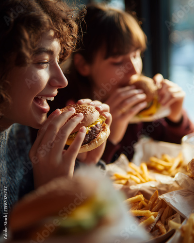 Teens eating burgers and fries in fast food setting