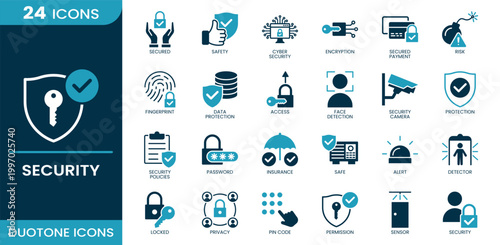 Security icon set. Privacy, cyber security, password, authentication, encryption, fingerprint, access control, biometric, data protection. Duotone vector icons.