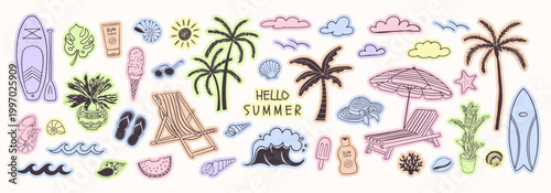 Summer doodle collection with hand drawn seasonal icons. Colorful vacation set with tropical elements. Whimsical beach holiday illustration for print, stickers, season decor, travel cards, scrapbook.