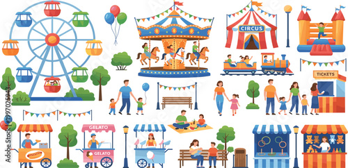Comprehensive family amusement park vector collection with ferris wheel carousel circus tent bouncy castle train ride carnival games food stalls and diverse happy people.