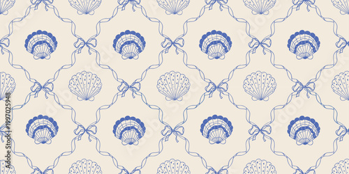 Blue seashell seamless pattern with ribbons and bows, coquette hand drawn line art style. Vector nautical summer background, fabric textile design, wallpaper, scrapbook paper, coastal aesthetic