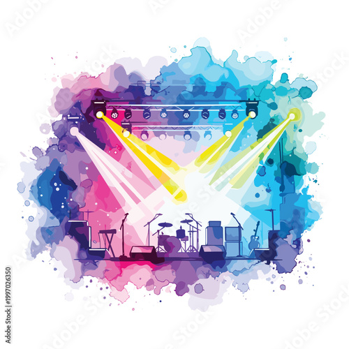 Vibrant stage lighting illuminates a colorful watercolor wash behind musical instruments