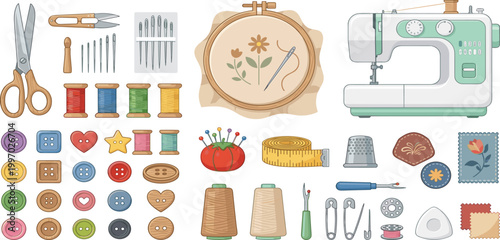 Comprehensive modern sewing and embroidery kit featuring electric machine, hoops, colorful buttons, thread spools, needles, and tailoring tools vector set.