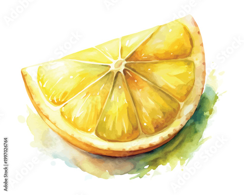 Watercolor Lemon Slice Icon, Citrus Summer Clipart, vector illustration Isolated on White background