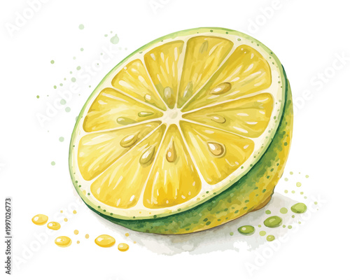 Watercolor Lemon Slice Icon, Citrus Summer Clipart,  Isolated on White background