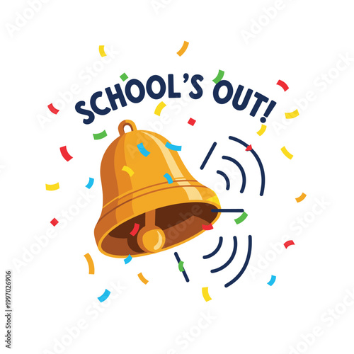 Golden school bell ringing with confetti celebrating the end of the school year