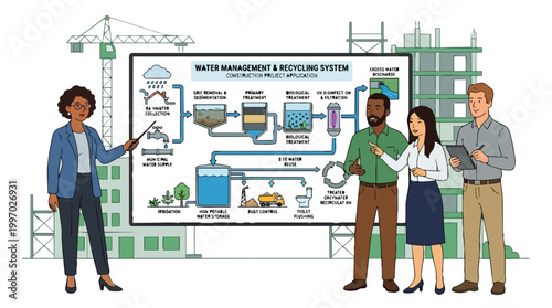 Construction Water Management Recycling System Illustration Diverse Workers Industry Application Sustainable Building Practices