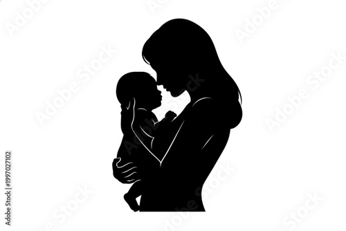 Mother's Embrace: A tender moment of maternal affection is captured in a minimalist silhouette, depicting a mother cradling her infant, their silhouettes entwined in a bond of love and care.